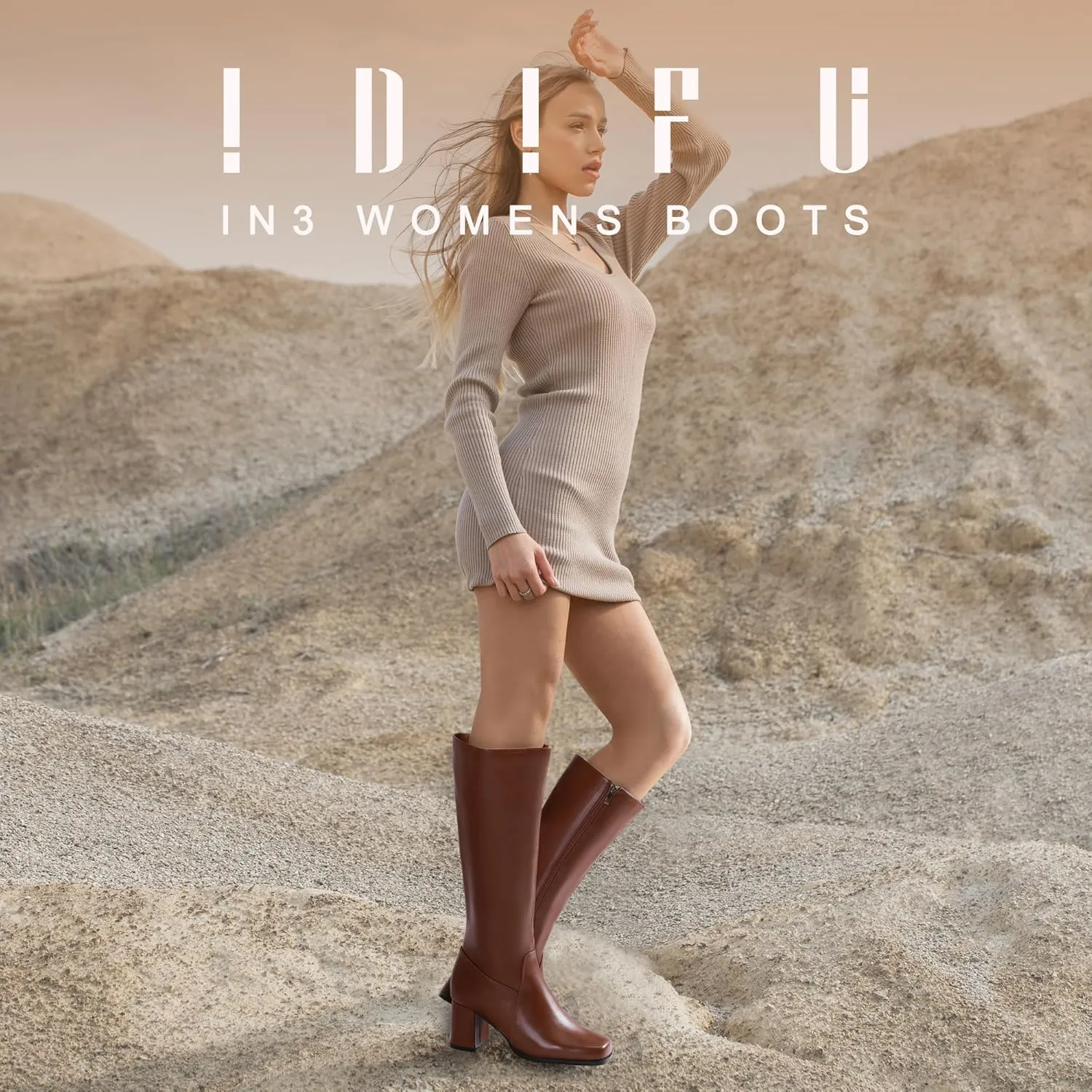IDIFU Women's IN3 Knee High Boots Square Toe Gogo Tall Boots Low Short Chunky Block Heel Long Fall Boots Side Zipper for Women Ladies Dressy Comfortable Fashion Modern Pull On Small Heeled Boots