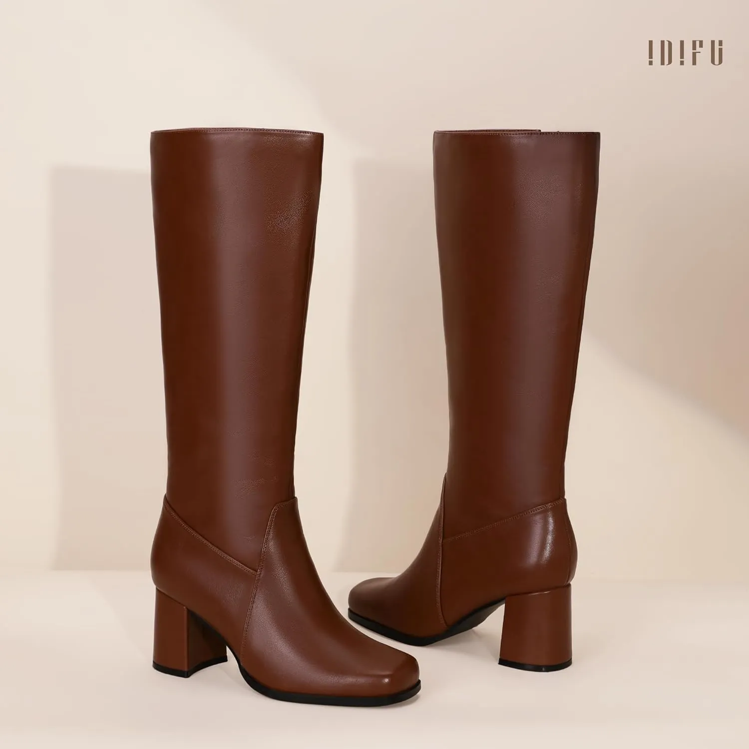 IDIFU Women's IN3 Knee High Boots Square Toe Gogo Tall Boots Low Short Chunky Block Heel Long Fall Boots Side Zipper for Women Ladies Dressy Comfortable Fashion Modern Pull On Small Heeled Boots