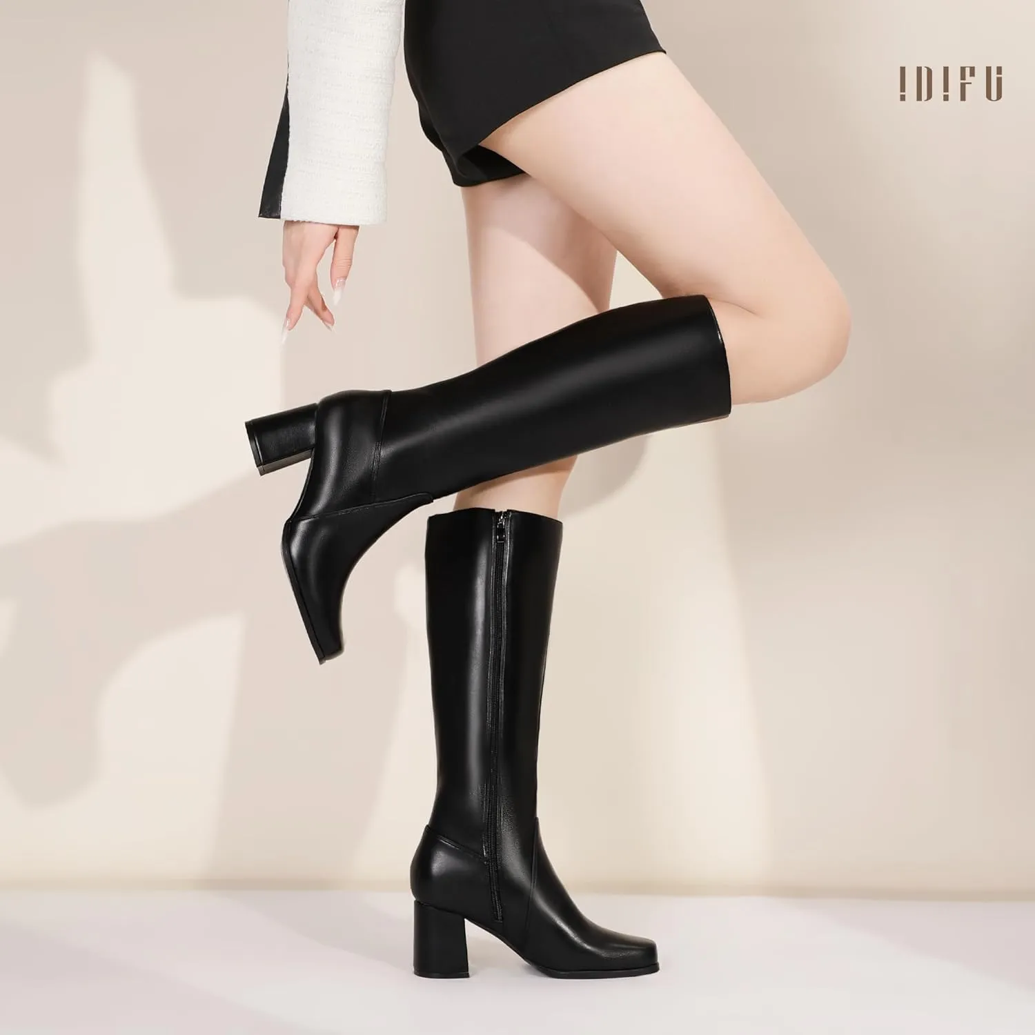 IDIFU Women's IN3 Knee High Boots Square Toe Gogo Tall Boots Low Short Chunky Block Heel Long Fall Boots Side Zipper for Women Ladies Dressy Comfortable Fashion Modern Pull On Small Heeled Boots