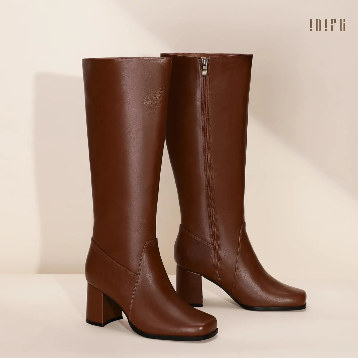 IDIFU Women's IN3 Knee High Boots Square Toe Gogo Tall Boots Low Short Chunky Block Heel Long Fall Boots Side Zipper for Women Ladies Dressy Comfortable Fashion Modern Pull On Small Heeled Boots