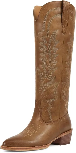 ISNOM Cowboy Boots for Women Knee High Cowgirl Boots with Classic Embroidered Pointed Toe Chunky Heel Pull On Fashion Retro Western Tall Boots