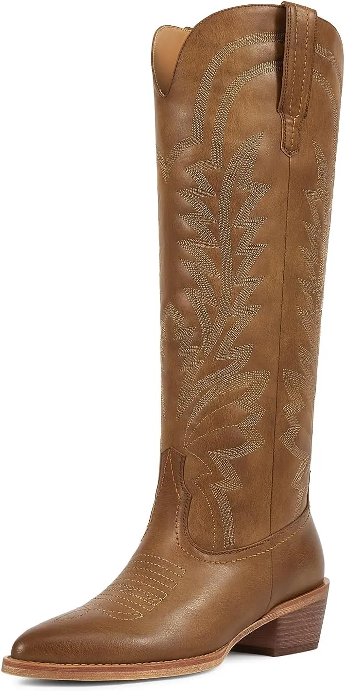 ISNOM Cowboy Boots for Women Knee High Cowgirl Boots with Classic Embroidered Pointed Toe Chunky Heel Pull On Fashion Retro Western Tall Boots