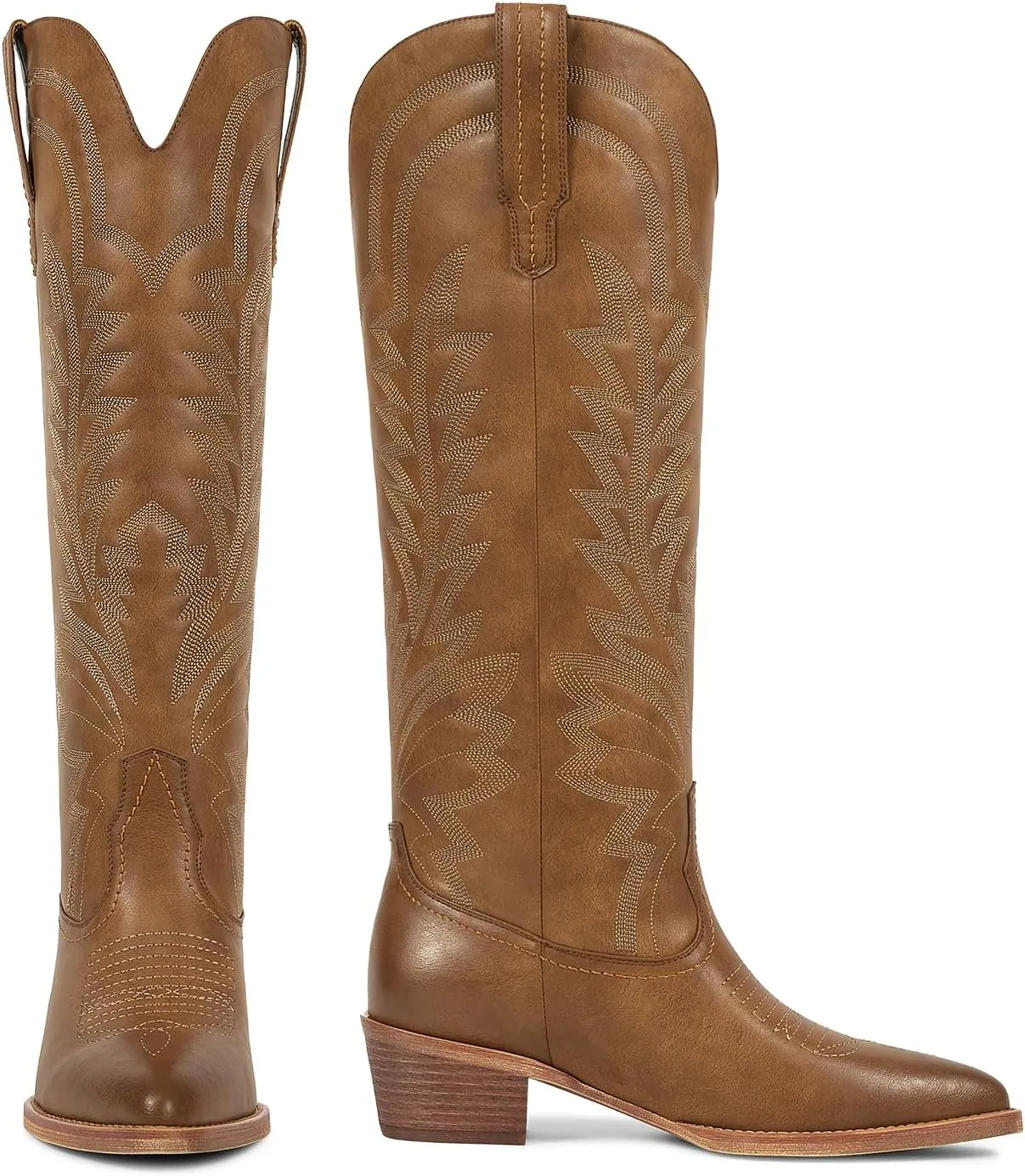 ISNOM Cowboy Boots for Women Knee High Cowgirl Boots with Classic Embroidered Pointed Toe Chunky Heel Pull On Fashion Retro Western Tall Boots