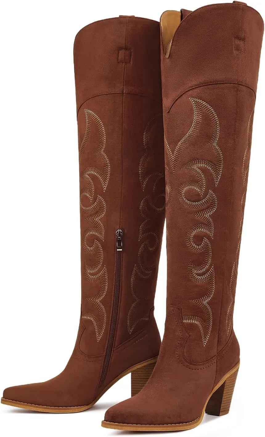ISNOM Thigh High Cowboy Cowgirl Boots for Women, Over the Knee Western Boots with Vintage Embroidery, Side Zipper, Chunky Heel Design