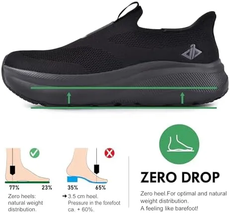 JACKSHIBO Mens Slip in Free up Hands Shoes Wide Toe Box Arch Support Orthopedic Walking Sneakers Cushioned Thick Zero Drop Sole Metatarsal Pads