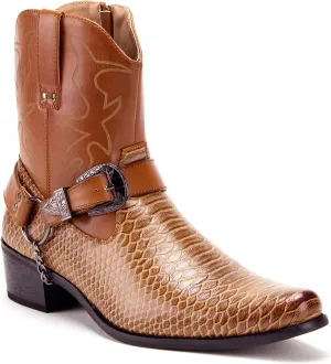 Jazame Cowboy Boots for Men Western Style Ankle High Motorcycle Riding Pointy Toe Moto Dress Boot Belt Buckle Faux Snake Skin Chain Accent