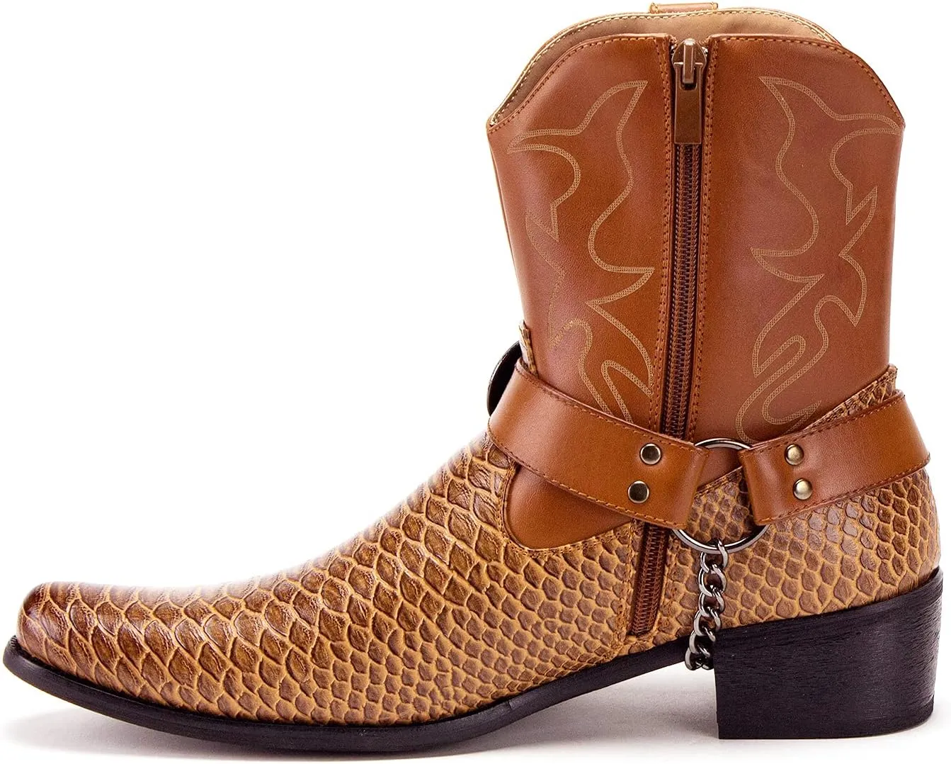 Jazame Cowboy Boots for Men Western Style Ankle High Motorcycle Riding Pointy Toe Moto Dress Boot Belt Buckle Faux Snake Skin Chain Accent