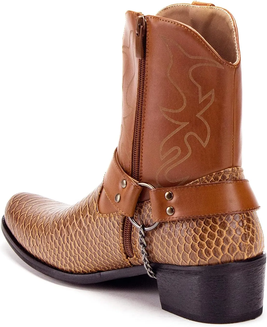 Jazame Cowboy Boots for Men Western Style Ankle High Motorcycle Riding Pointy Toe Moto Dress Boot Belt Buckle Faux Snake Skin Chain Accent