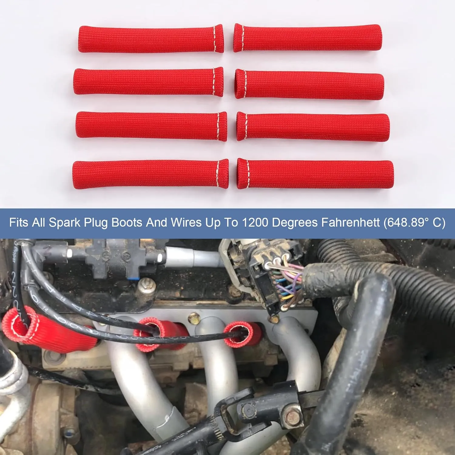 JDMSPEED 8PCS Red 1200° Spark Plug Wire Boots Heat Shield Protector Sleeve Cover Replacement For SBC BBC 350 454 6 Inch