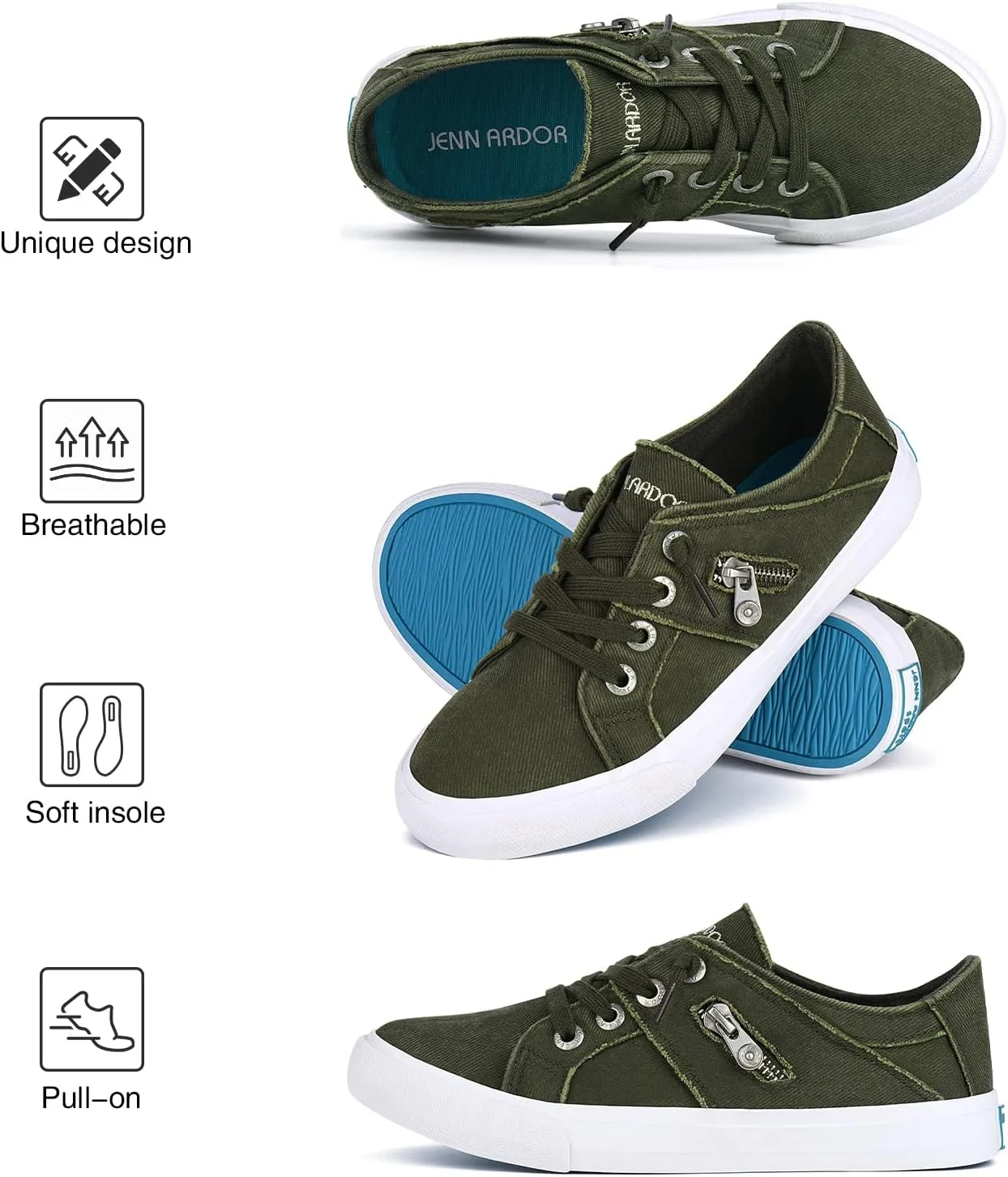 JENN ARDOR Women's Fashion Slip on Sneakers Tennis Shoes Non Slip Casual Canvas Shoes for Women Comfortable Walking Shoes Low Top Sneakers Flats with Zipper