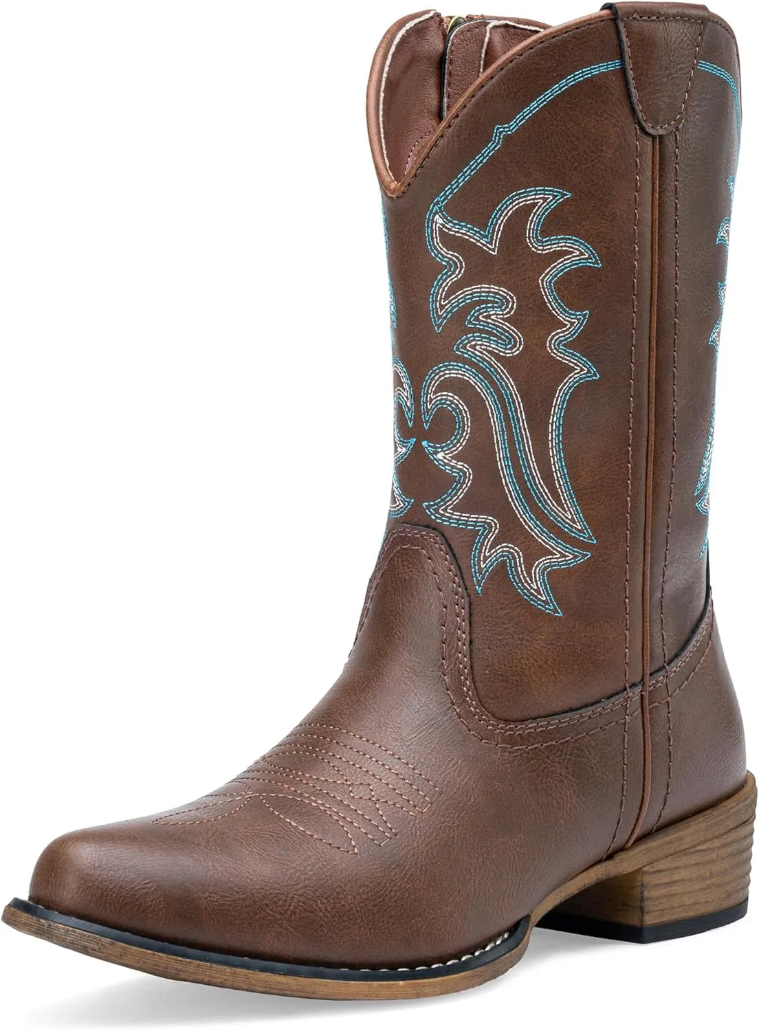 Jeossy Women's Cowboy Boots, Western Cowgirl Mid-Calf Pull on Round Toe Embroidered Country Boots with Inside Zipper