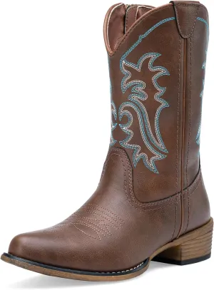 Jeossy Women's Cowboy Boots, Western Cowgirl Mid-Calf Pull on Round Toe Embroidered Country Boots with Inside Zipper