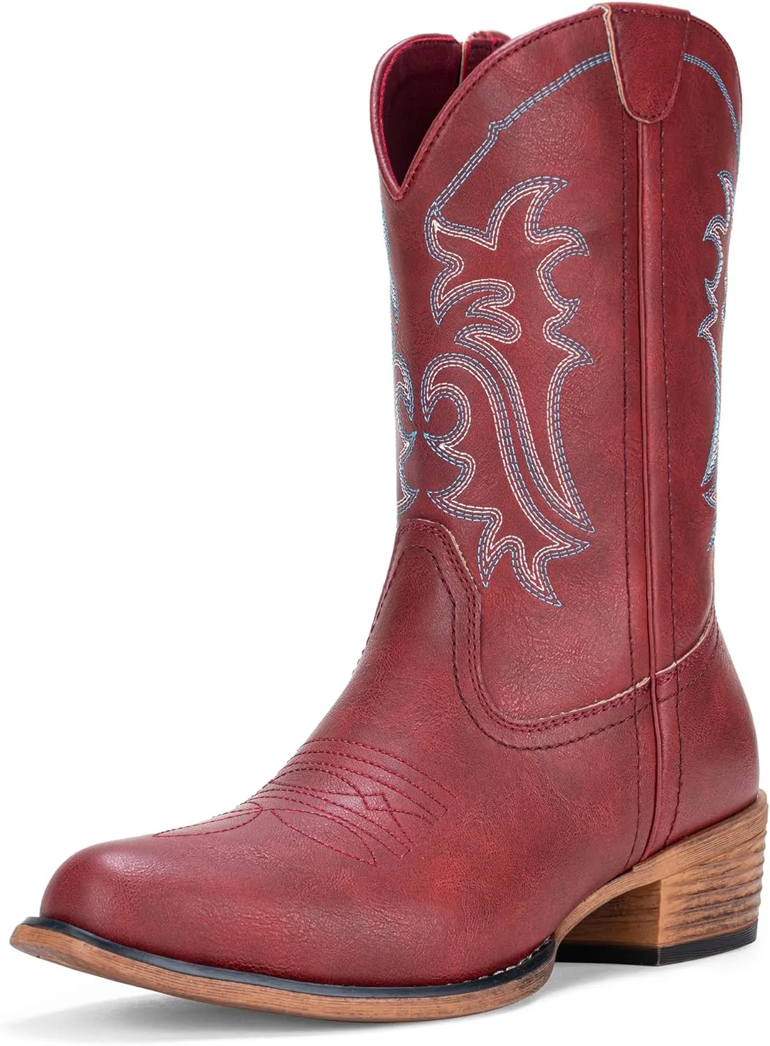 Jeossy Women's Cowboy Boots, Western Cowgirl Mid-Calf Pull on Round Toe Embroidered Country Boots with Inside Zipper