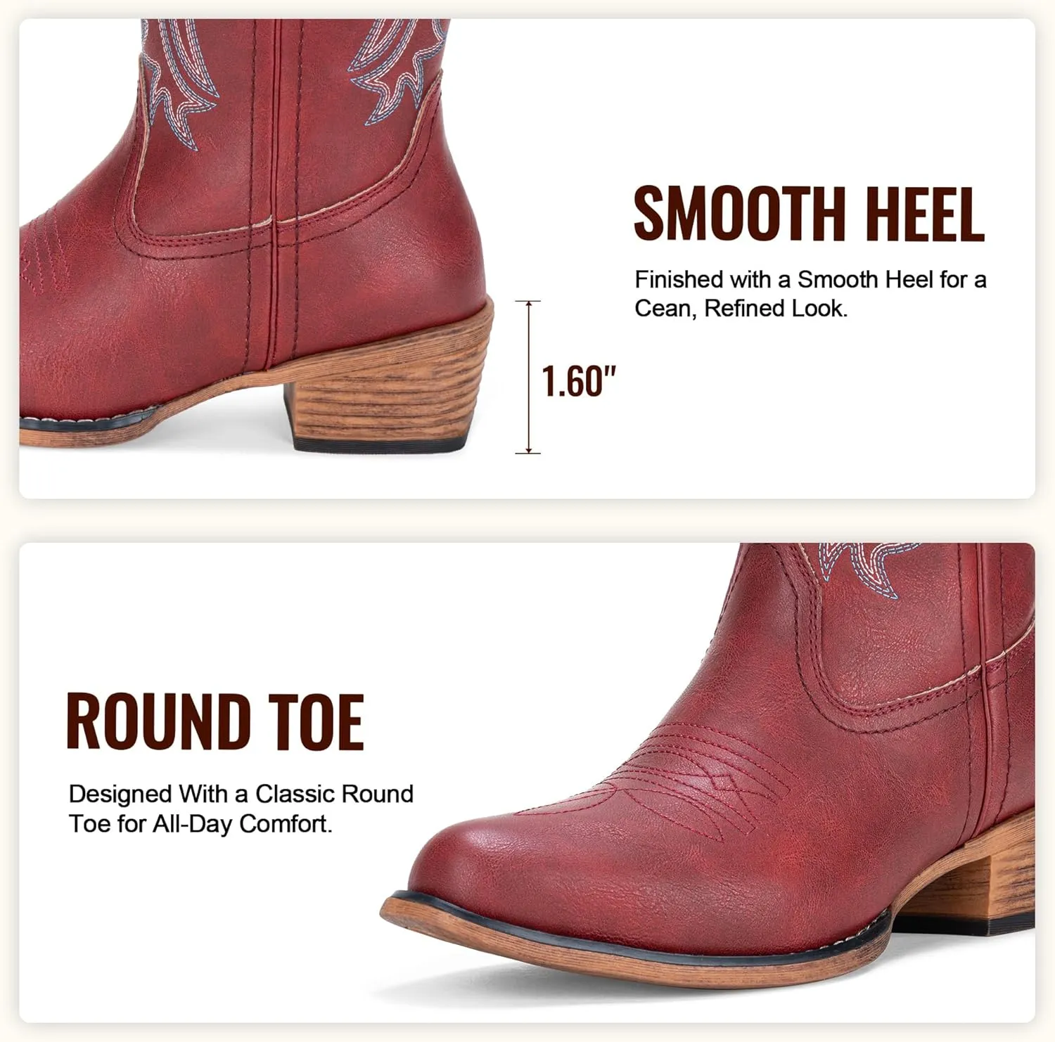 Jeossy Women's Cowboy Boots, Western Cowgirl Mid-Calf Pull on Round Toe Embroidered Country Boots with Inside Zipper