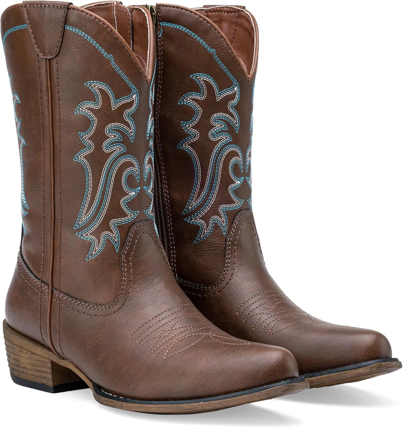 Jeossy Women's Cowboy Boots, Western Cowgirl Mid-Calf Pull on Round Toe Embroidered Country Boots with Inside Zipper