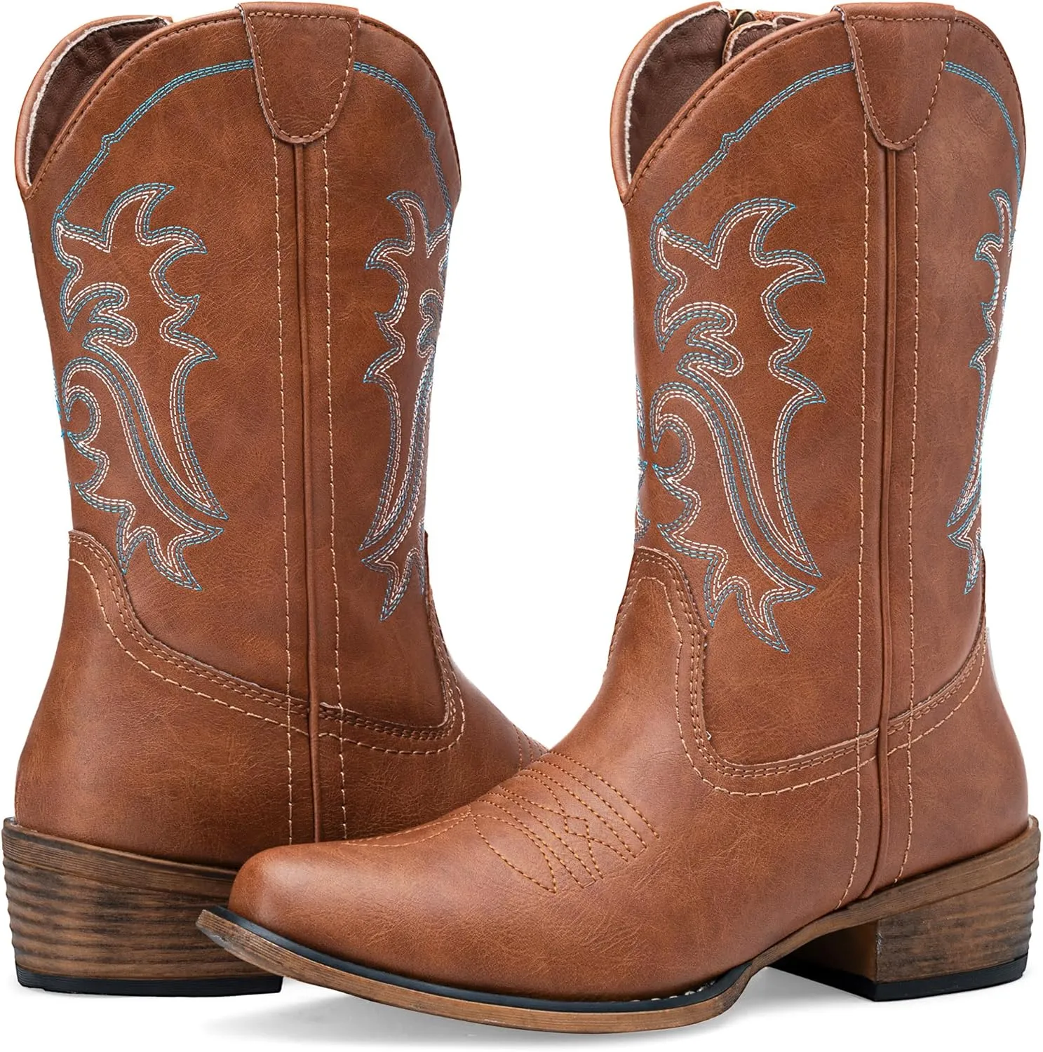 Jeossy Women's Cowboy Boots, Western Cowgirl Mid-Calf Pull on Round Toe Embroidered Country Boots with Inside Zipper