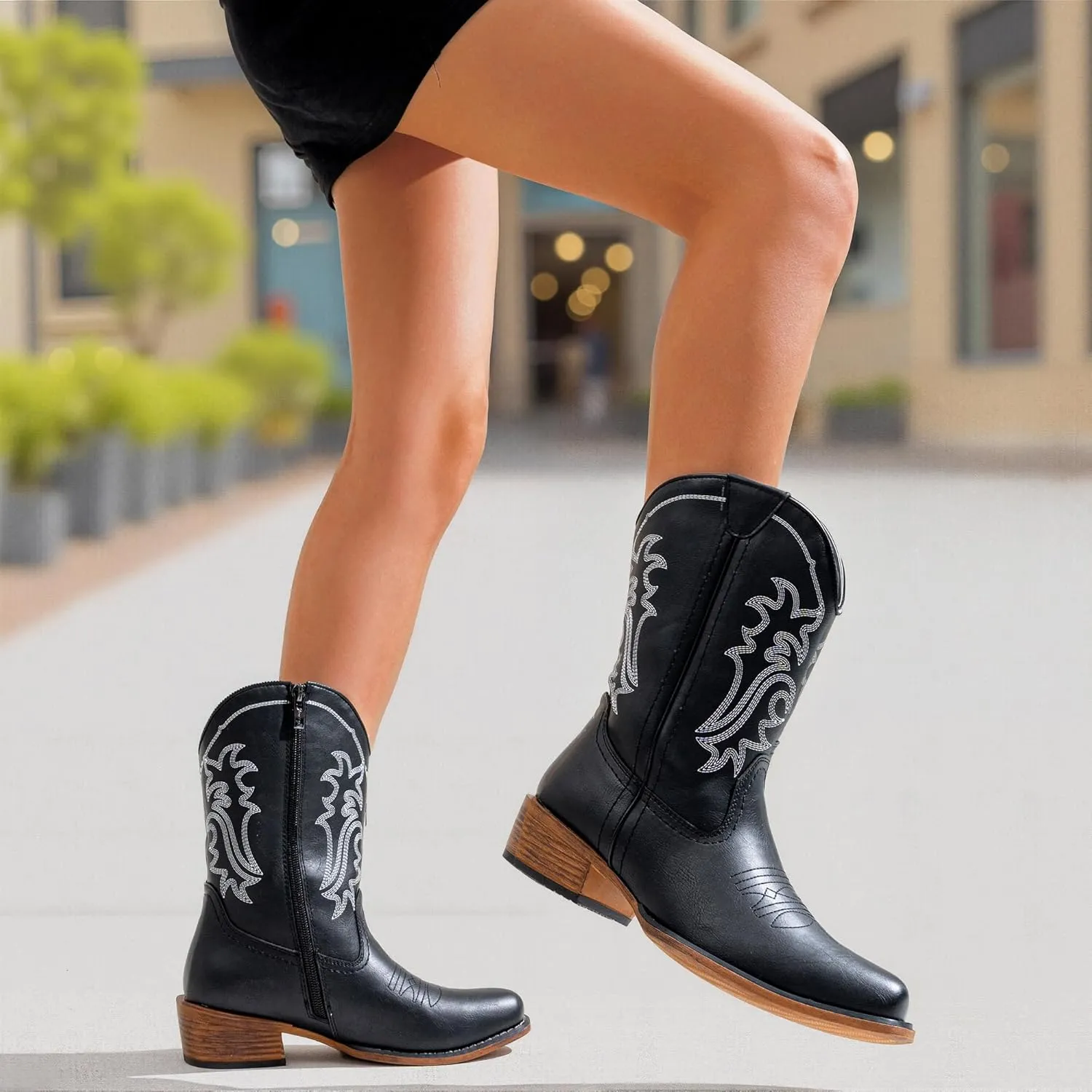 Jeossy Women's Cowboy Boots, Western Cowgirl Mid-Calf Pull on Round Toe Embroidered Country Boots with Inside Zipper