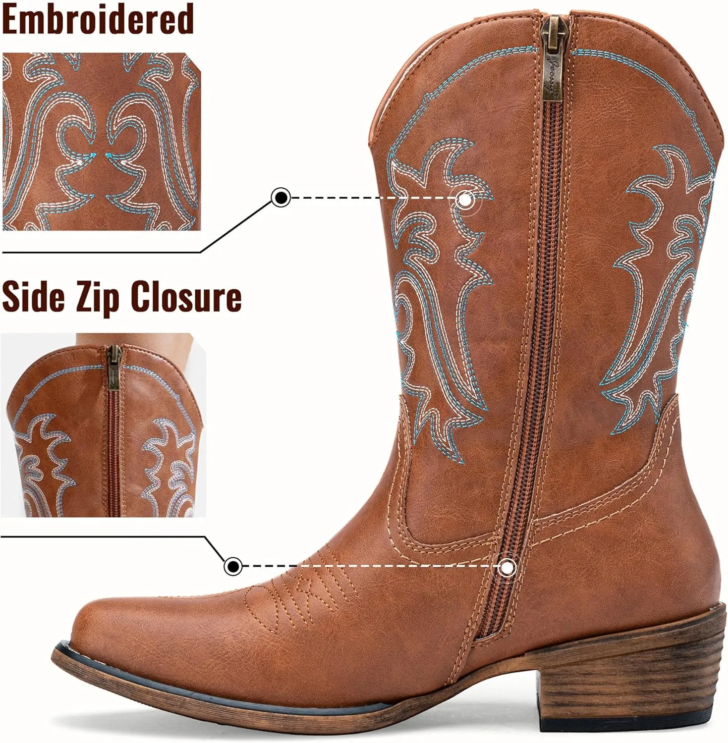 Jeossy Women's Cowboy Boots, Western Cowgirl Mid-Calf Pull on Round Toe Embroidered Country Boots with Inside Zipper