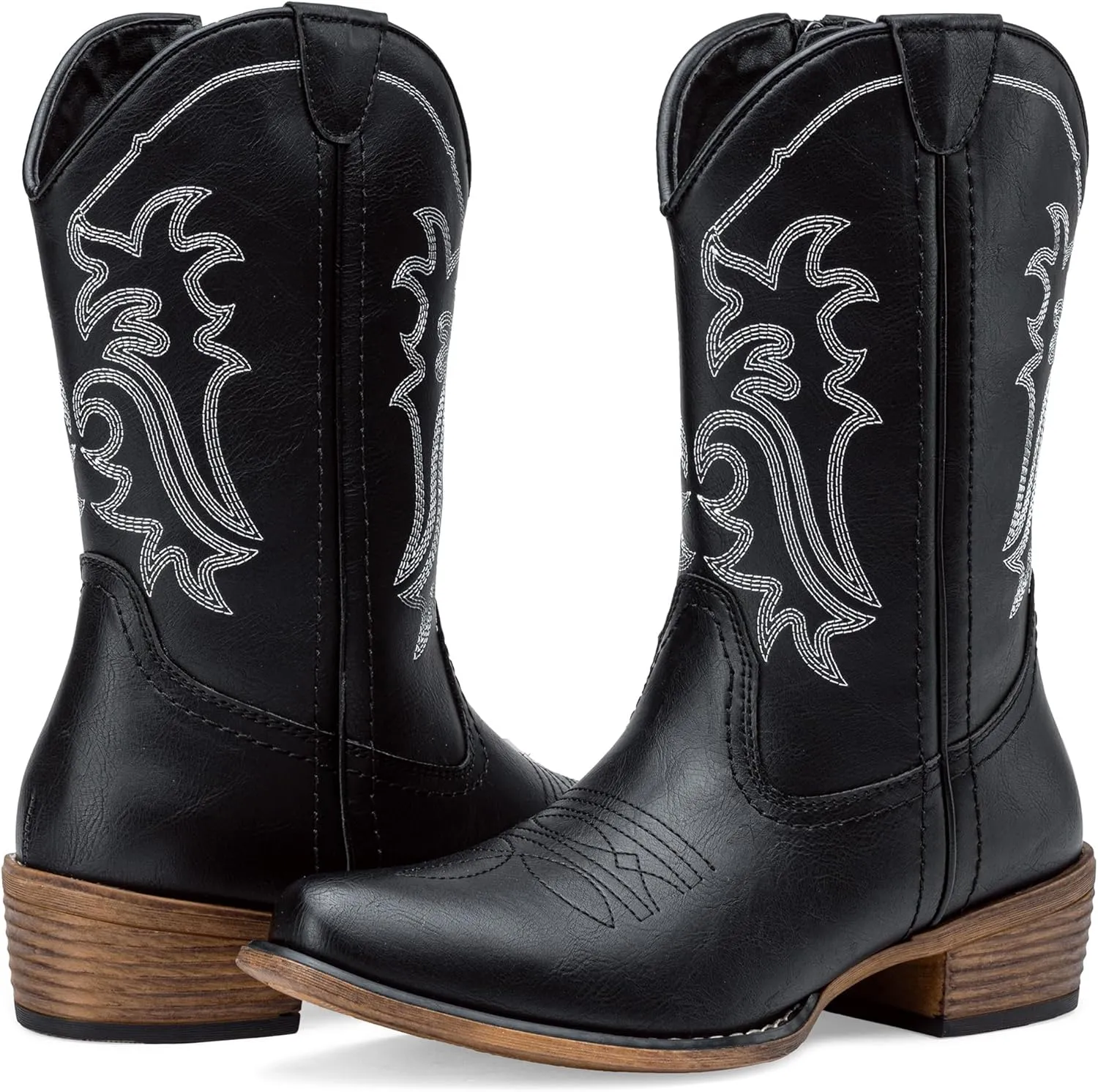 Jeossy Women's Cowboy Boots, Western Cowgirl Mid-Calf Pull on Round Toe Embroidered Country Boots with Inside Zipper
