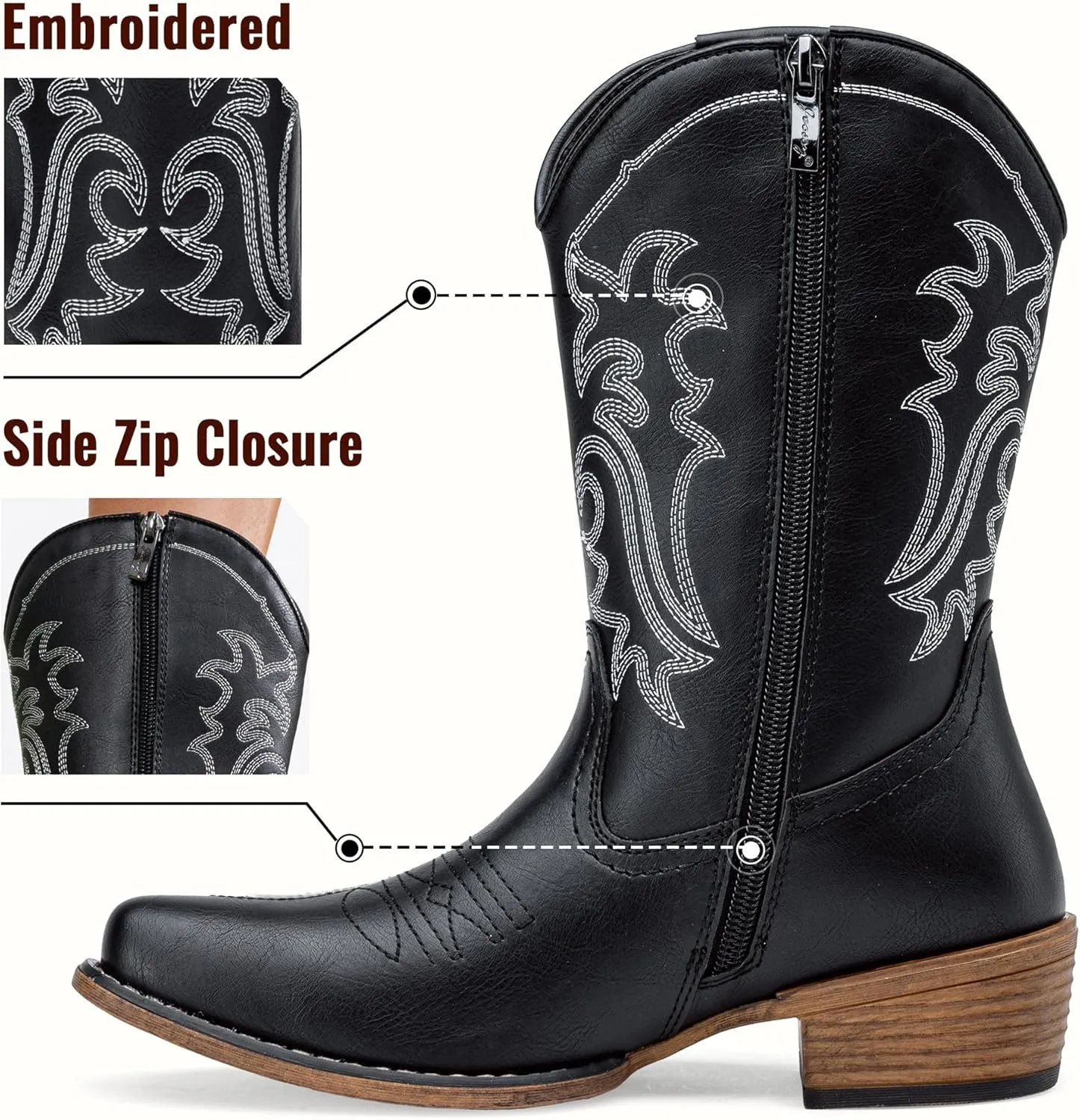 Jeossy Women's Cowboy Boots, Western Cowgirl Mid-Calf Pull on Round Toe Embroidered Country Boots with Inside Zipper