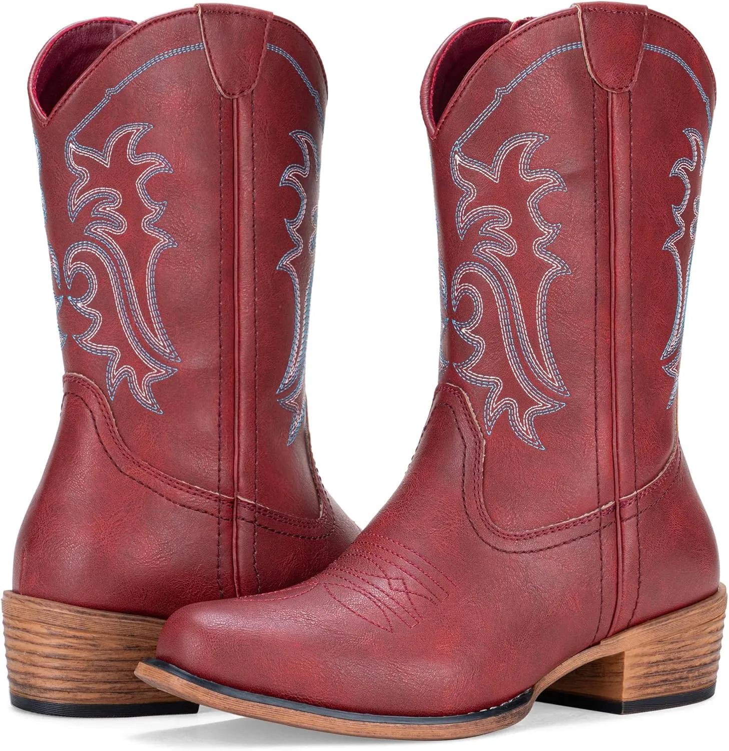 Jeossy Women's Cowboy Boots, Western Cowgirl Mid-Calf Pull on Round Toe Embroidered Country Boots with Inside Zipper