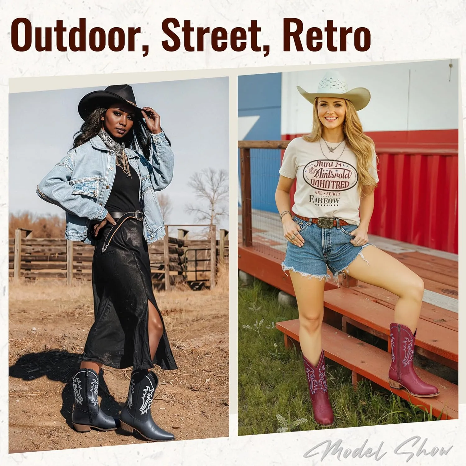 Jeossy Women's Cowboy Boots, Western Cowgirl Mid-Calf Pull on Round Toe Embroidered Country Boots with Inside Zipper