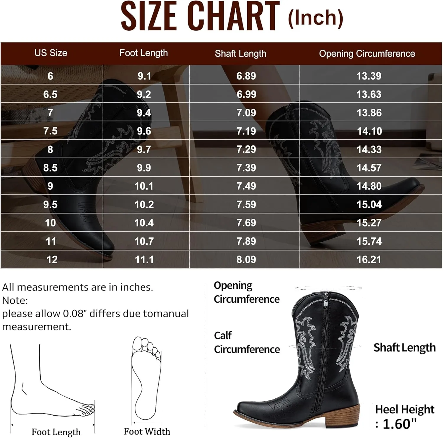 Jeossy Women's Cowboy Boots, Western Cowgirl Mid-Calf Pull on Round Toe Embroidered Country Boots with Inside Zipper