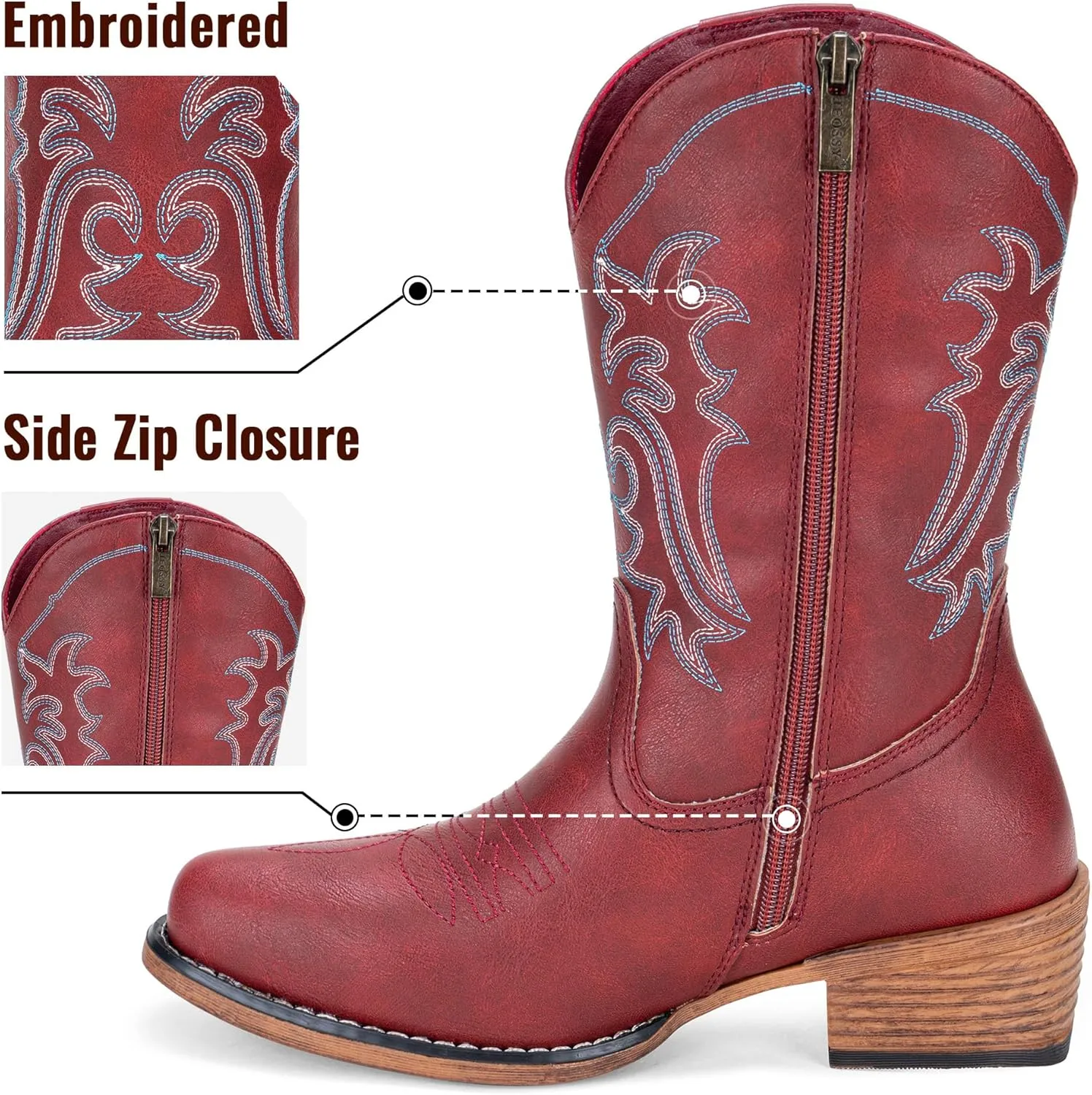 Jeossy Women's Cowboy Boots, Western Cowgirl Mid-Calf Pull on Round Toe Embroidered Country Boots with Inside Zipper