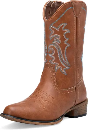 Jeossy Women's Cowboy Boots, Western Cowgirl Mid-Calf Pull on Round Toe Embroidered Country Boots with Inside Zipper