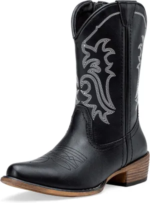 Jeossy Women's Cowboy Boots, Western Cowgirl Mid-Calf Pull on Round Toe Embroidered Country Boots with Inside Zipper