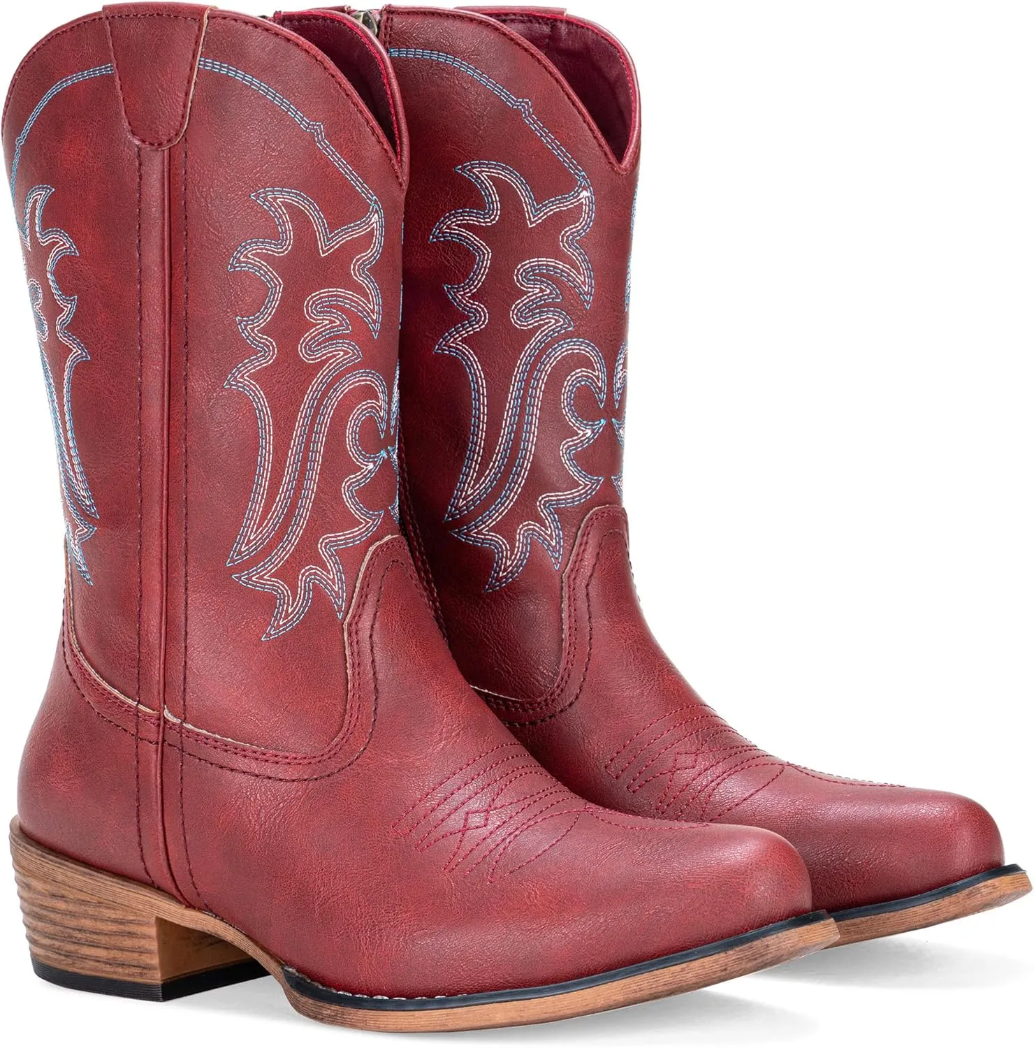 Jeossy Women's Cowboy Boots, Western Cowgirl Mid-Calf Pull on Round Toe Embroidered Country Boots with Inside Zipper