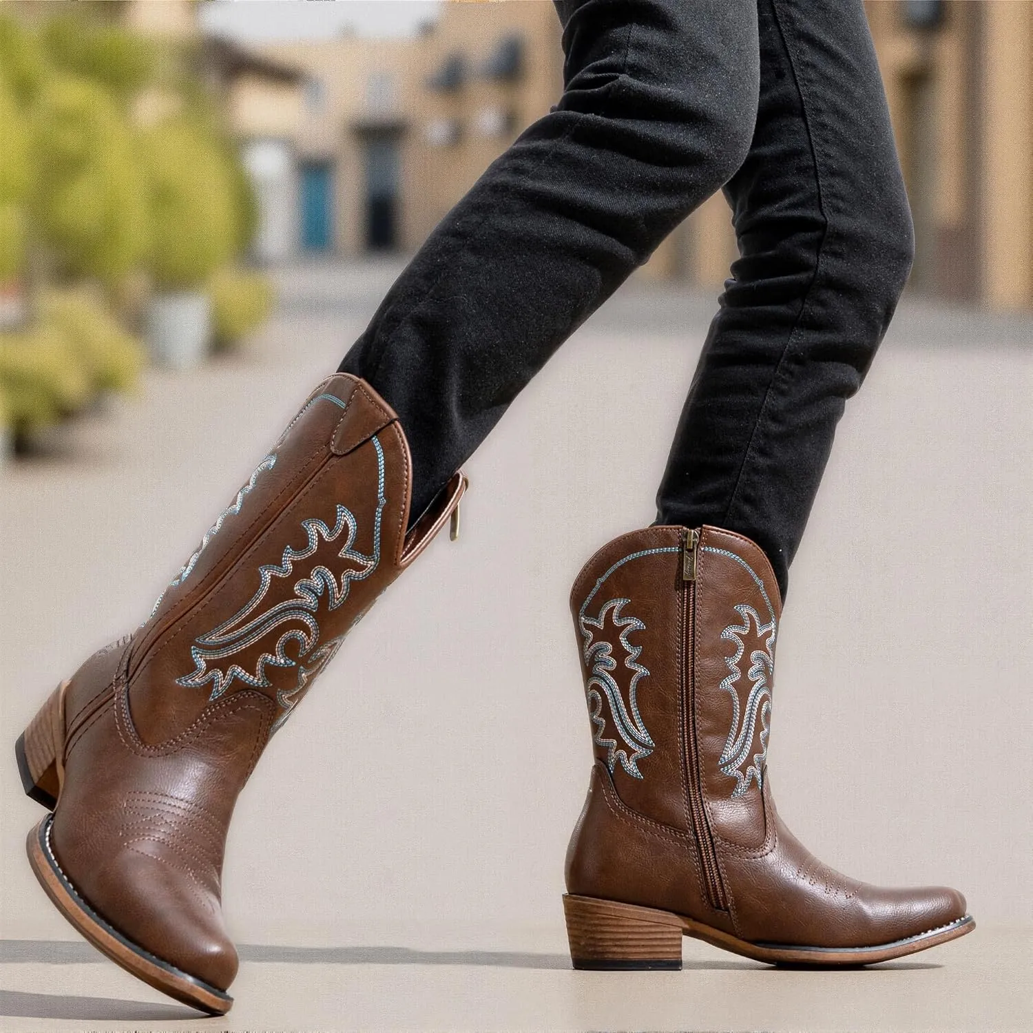 Jeossy Women's Cowboy Boots, Western Cowgirl Mid-Calf Pull on Round Toe Embroidered Country Boots with Inside Zipper