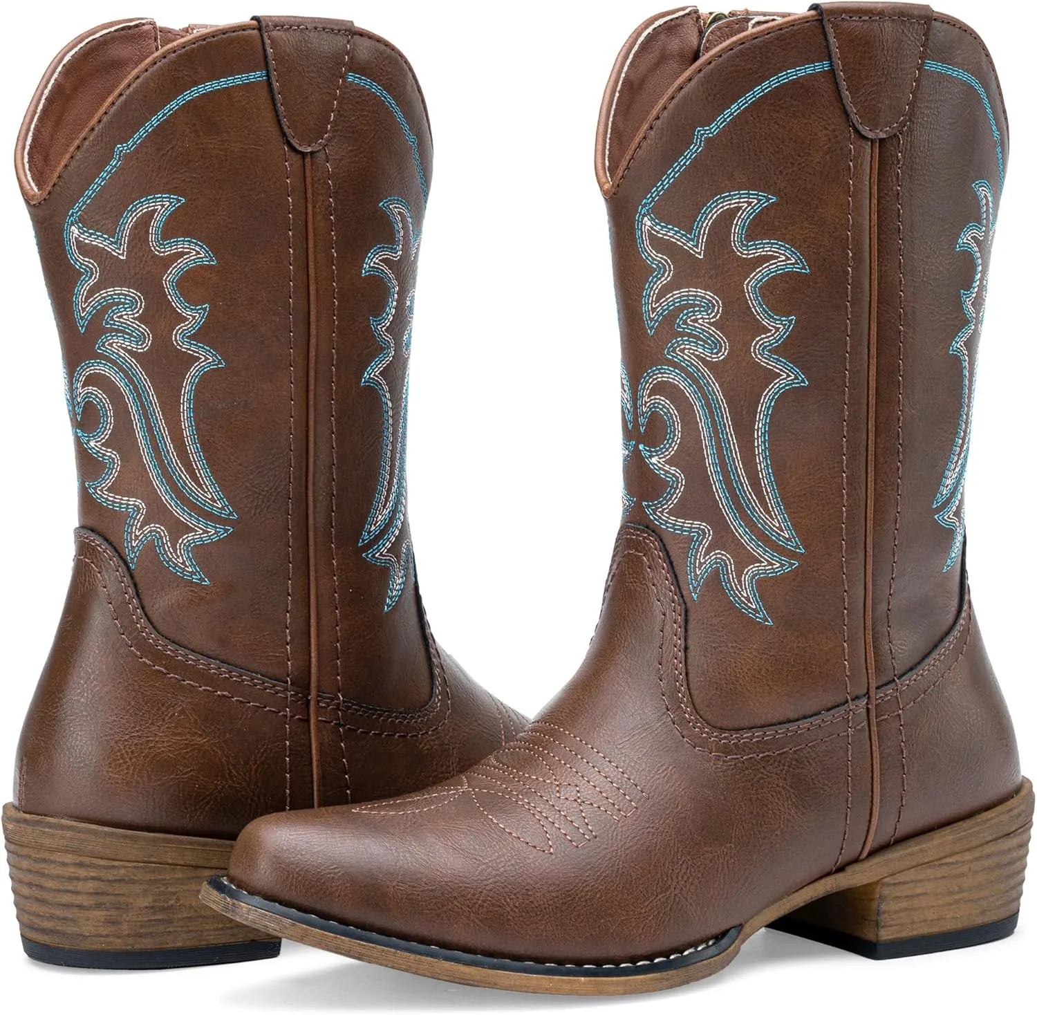 Jeossy Women's Cowboy Boots, Western Cowgirl Mid-Calf Pull on Round Toe Embroidered Country Boots with Inside Zipper