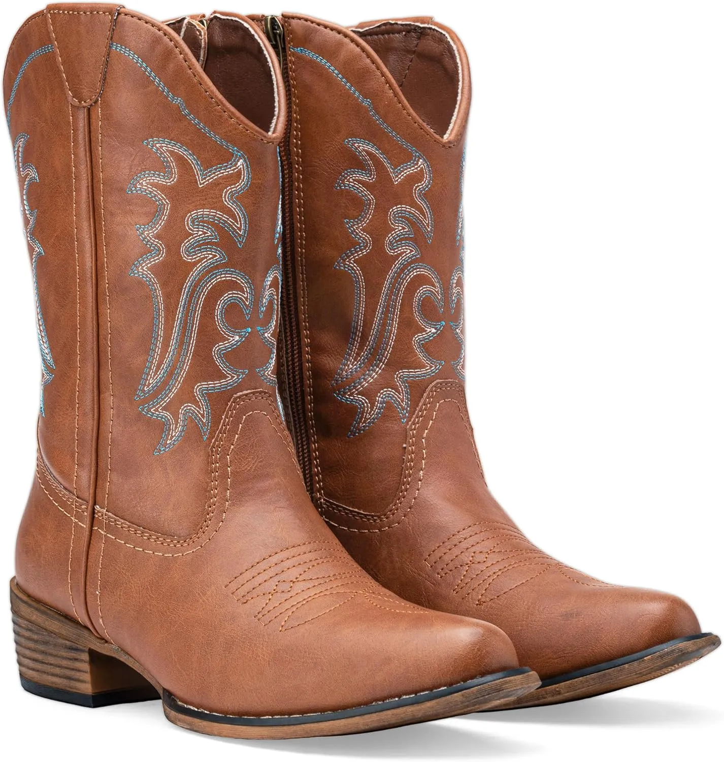 Jeossy Women's Cowboy Boots, Western Cowgirl Mid-Calf Pull on Round Toe Embroidered Country Boots with Inside Zipper