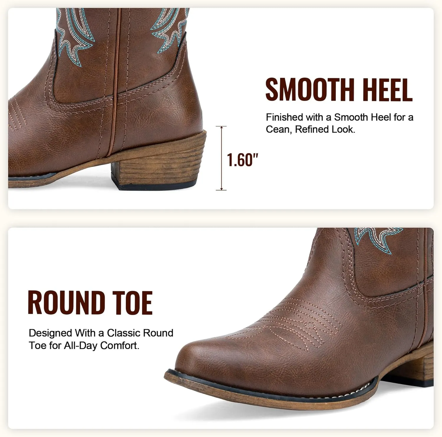 Jeossy Women's Cowboy Boots, Western Cowgirl Mid-Calf Pull on Round Toe Embroidered Country Boots with Inside Zipper