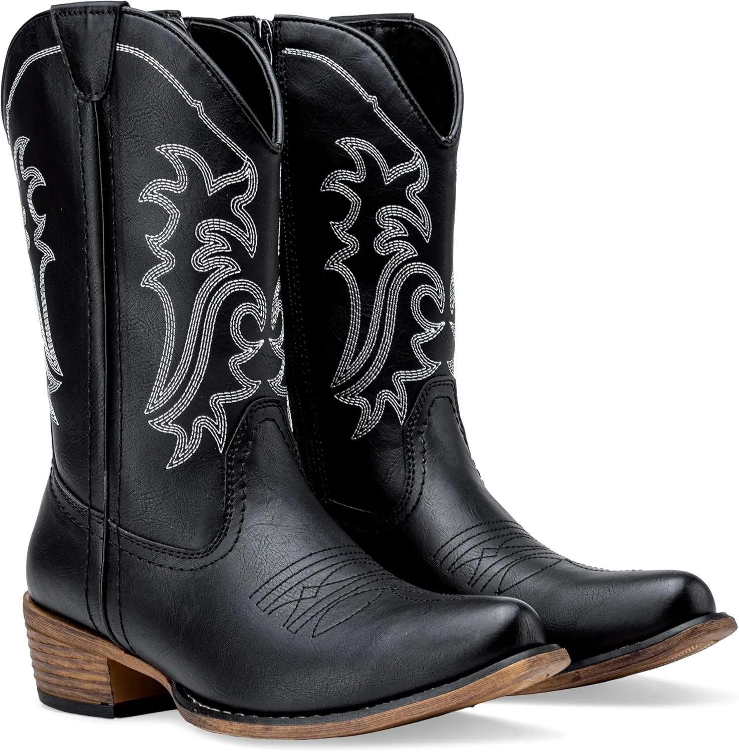 Jeossy Women's Cowboy Boots, Western Cowgirl Mid-Calf Pull on Round Toe Embroidered Country Boots with Inside Zipper