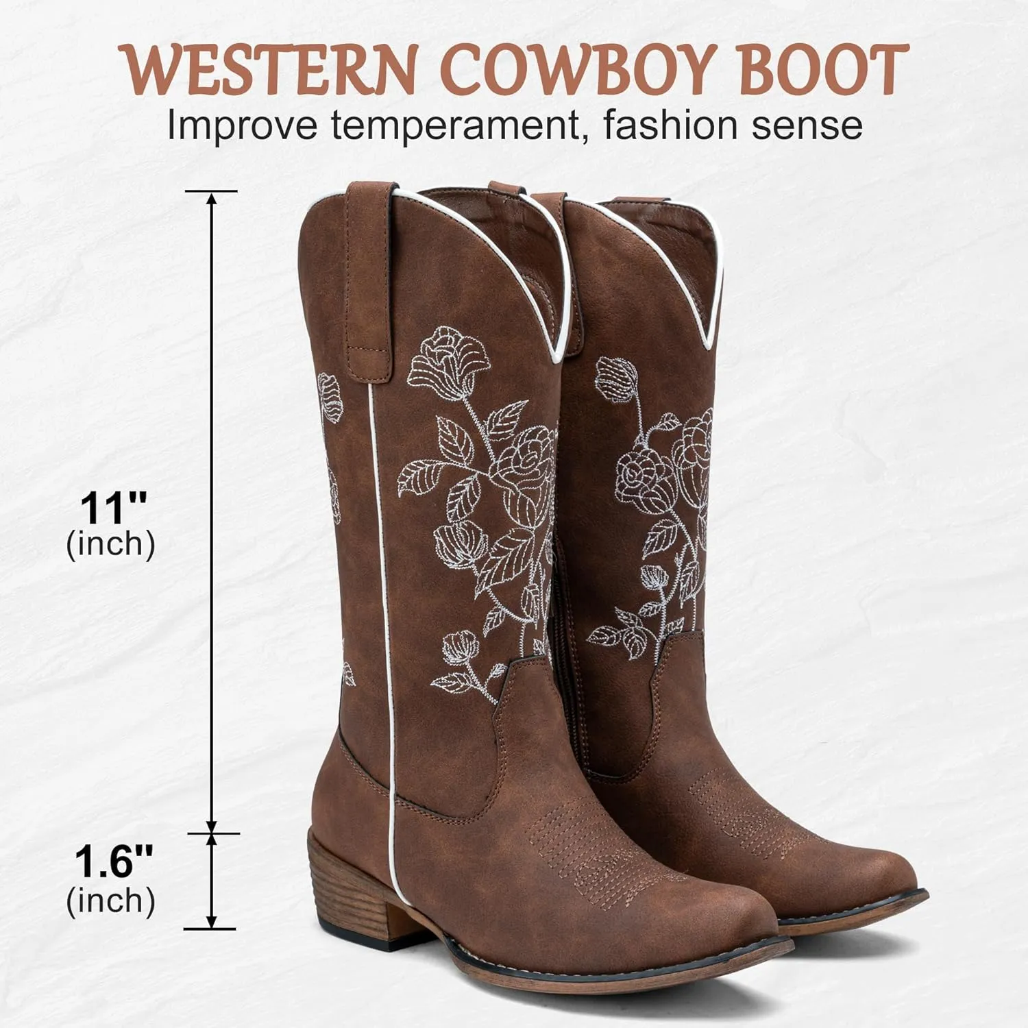 Jeossy Women's Cowboy Mid Calf Boots with Embroidery Flower, Low Heel Western Cowgirl 9807 Boots