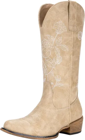 Jeossy Women's Cowboy Mid Calf Boots with Embroidery Flower, Low Heel Western Cowgirl 9807 Boots