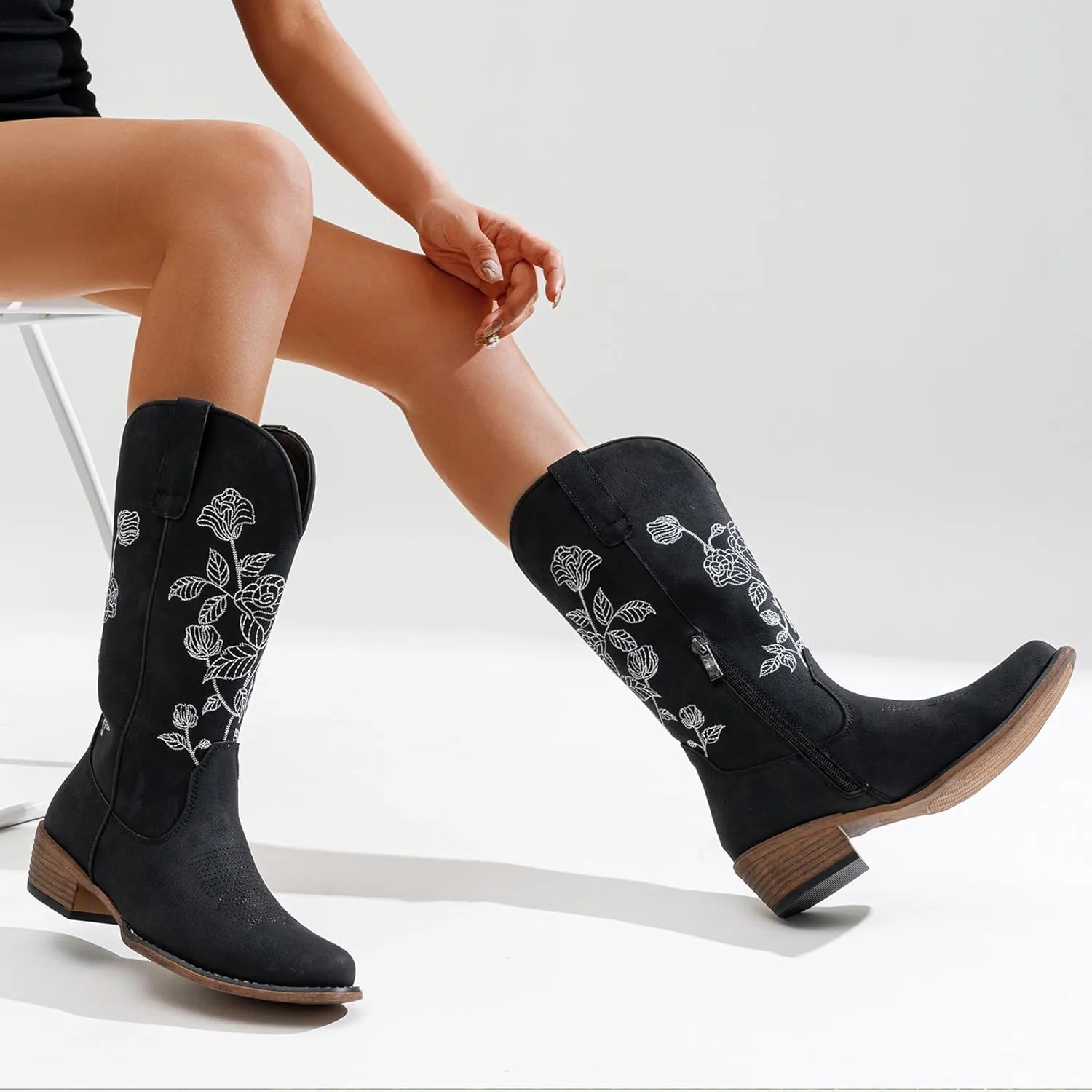 Jeossy Women's Cowboy Mid Calf Boots with Embroidery Flower, Low Heel Western Cowgirl 9807 Boots