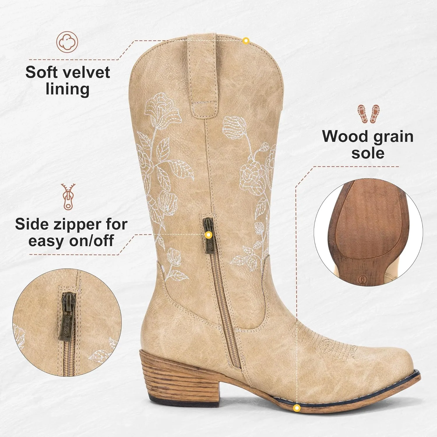 Jeossy Women's Cowboy Mid Calf Boots with Embroidery Flower, Low Heel Western Cowgirl 9807 Boots