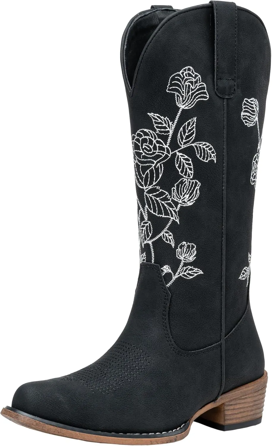 Jeossy Women's Cowboy Mid Calf Boots with Embroidery Flower, Low Heel Western Cowgirl 9807 Boots