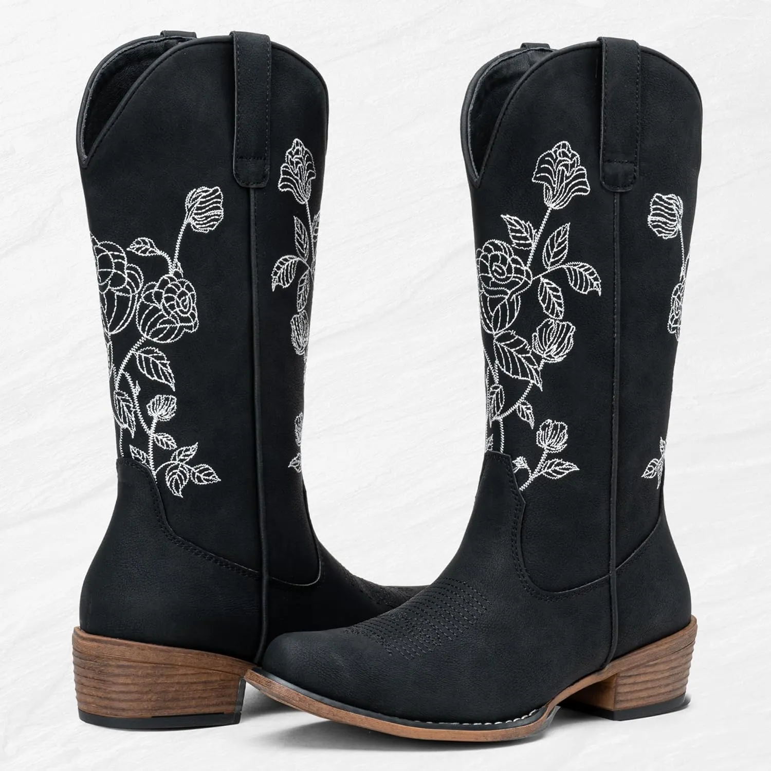 Jeossy Women's Cowboy Mid Calf Boots with Embroidery Flower, Low Heel Western Cowgirl 9807 Boots