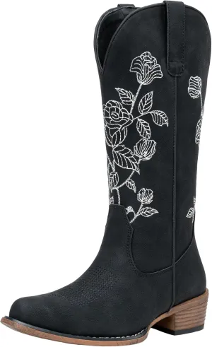 Jeossy Women's Cowboy Mid Calf Boots with Embroidery Flower, Low Heel Western Cowgirl 9807 Boots