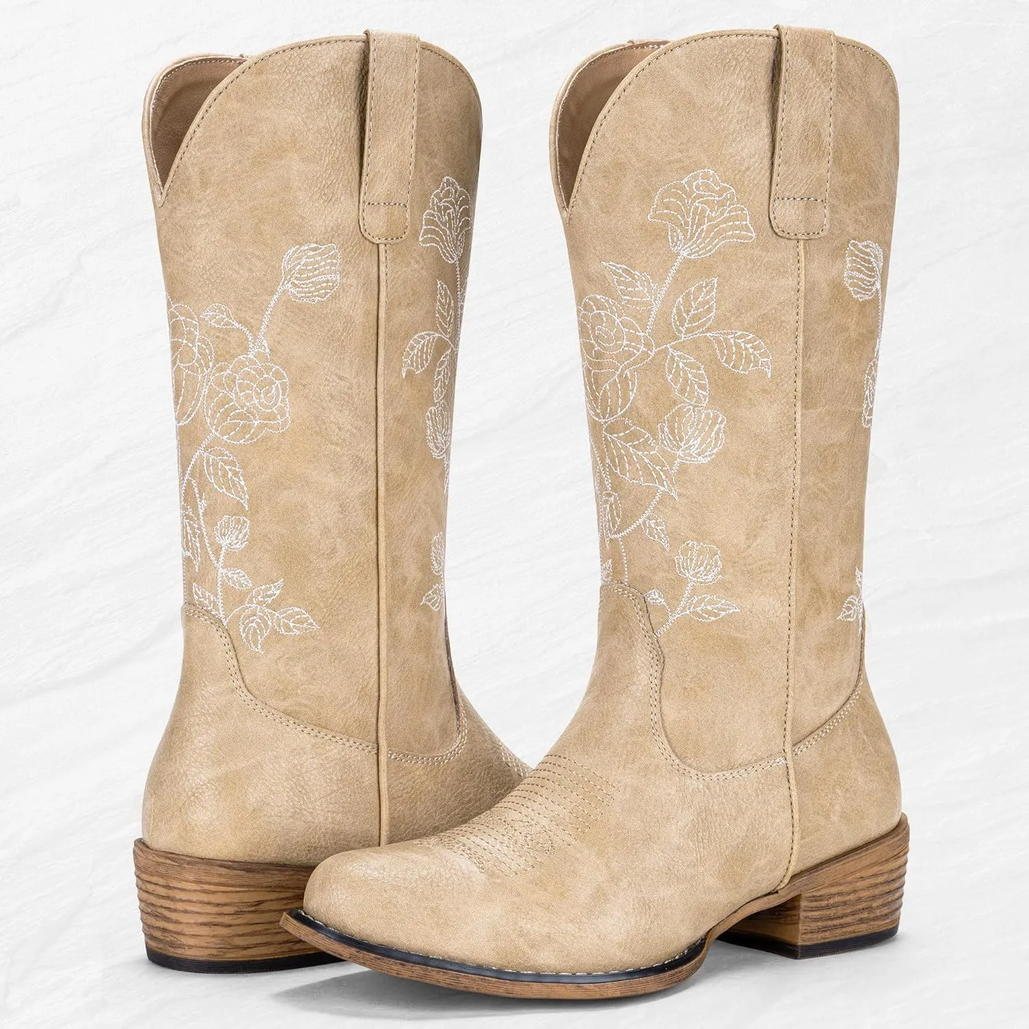 Jeossy Women's Cowboy Mid Calf Boots with Embroidery Flower, Low Heel Western Cowgirl 9807 Boots