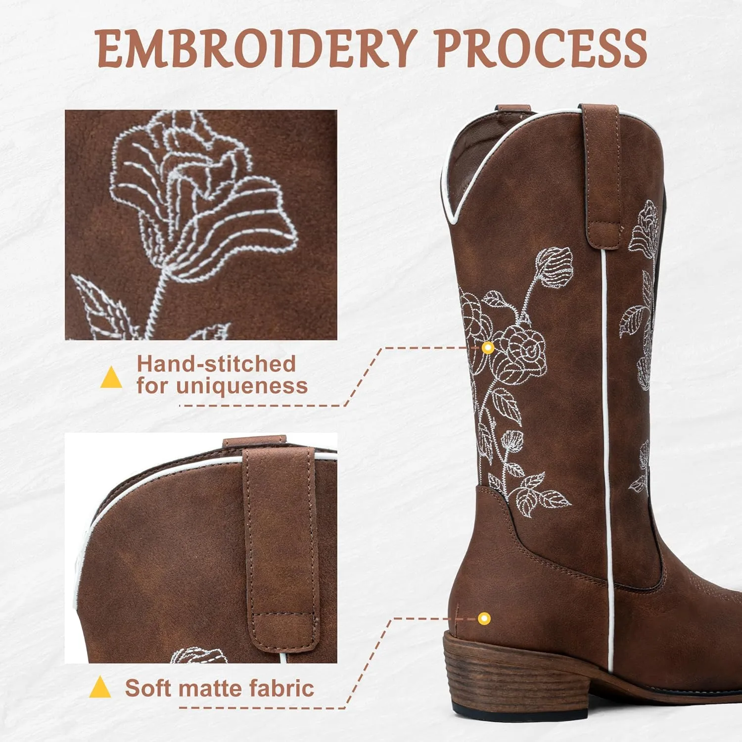 Jeossy Women's Cowboy Mid Calf Boots with Embroidery Flower, Low Heel Western Cowgirl 9807 Boots