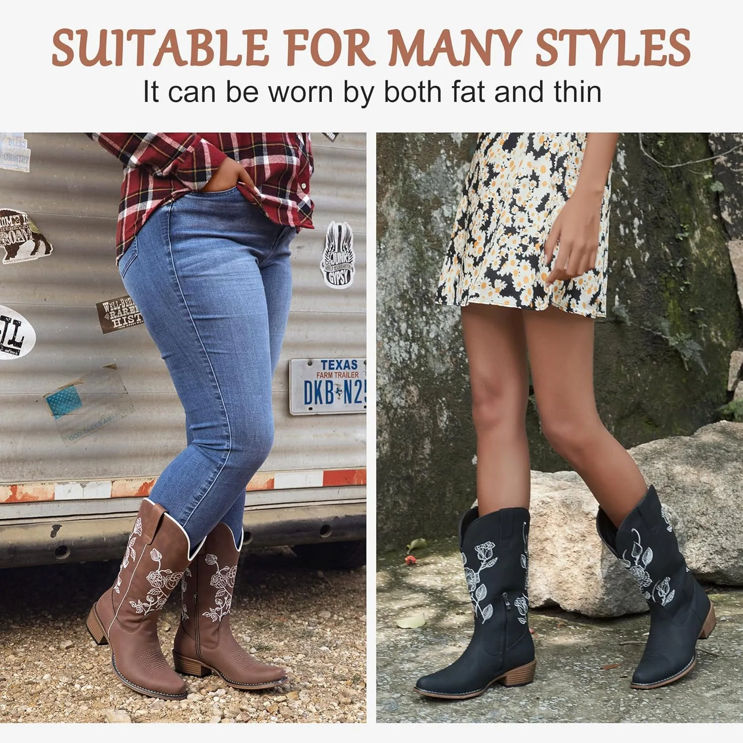 Jeossy Women's Cowboy Mid Calf Boots with Embroidery Flower, Low Heel Western Cowgirl 9807 Boots