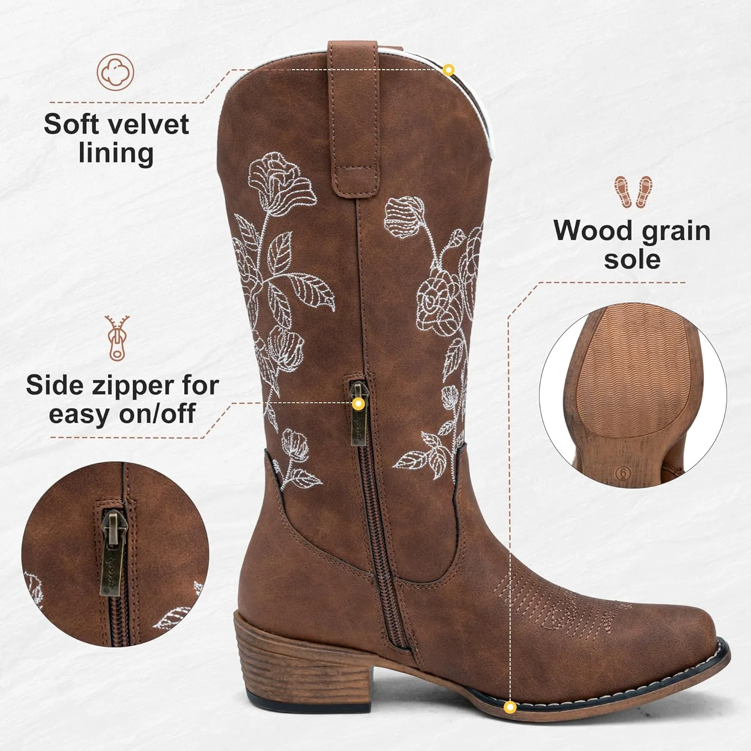 Jeossy Women's Cowboy Mid Calf Boots with Embroidery Flower, Low Heel Western Cowgirl 9807 Boots