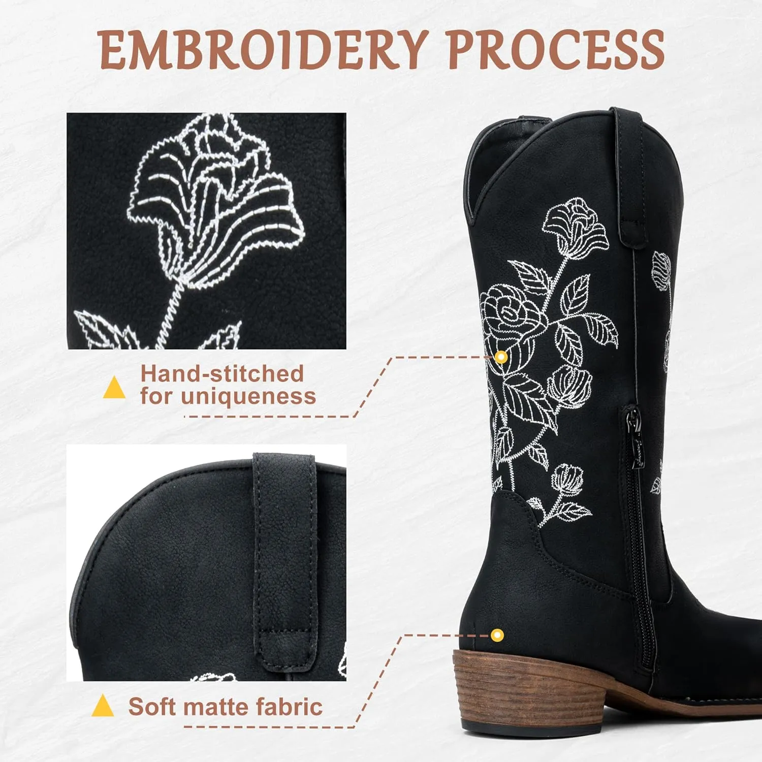 Jeossy Women's Cowboy Mid Calf Boots with Embroidery Flower, Low Heel Western Cowgirl 9807 Boots