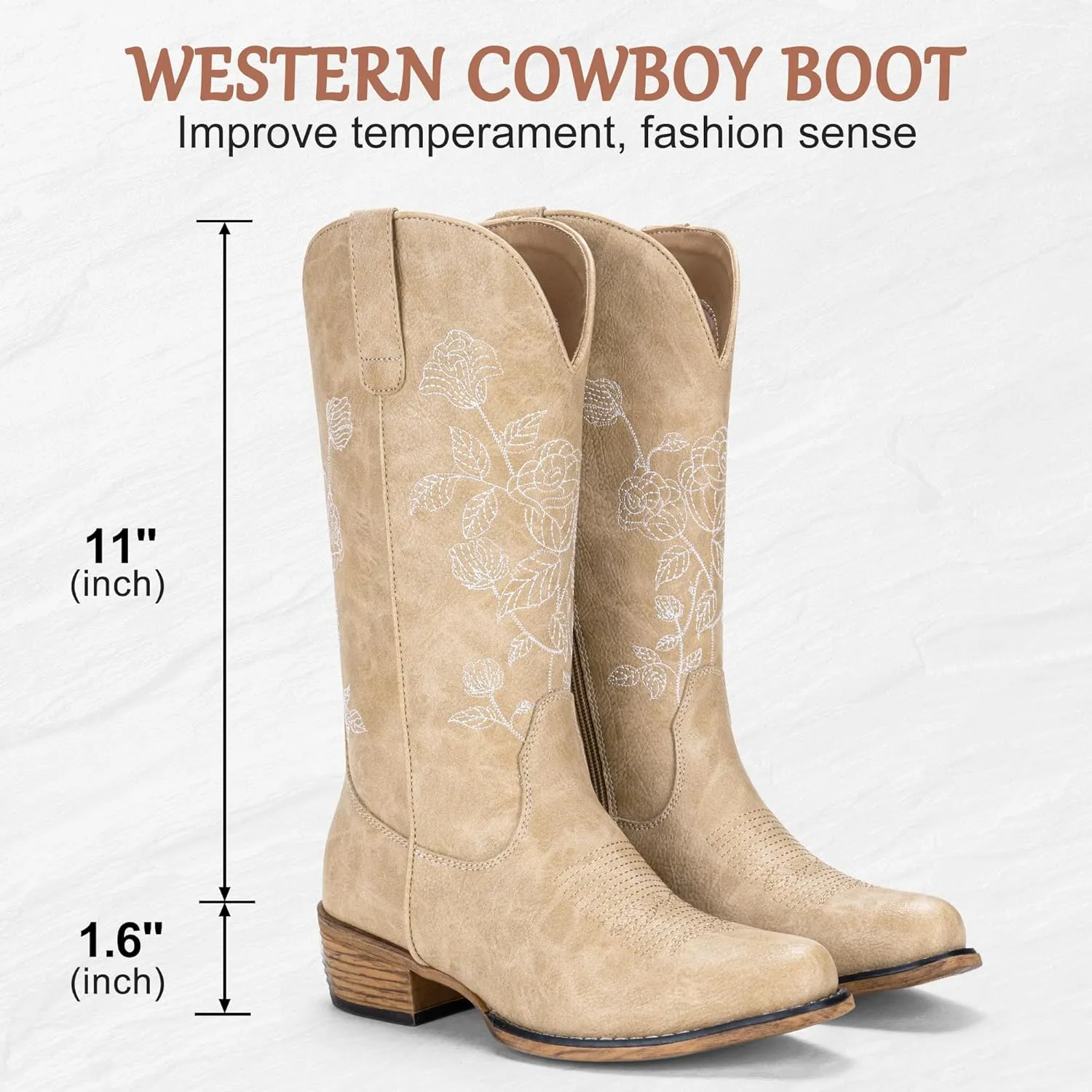 Jeossy Women's Cowboy Mid Calf Boots with Embroidery Flower, Low Heel Western Cowgirl 9807 Boots