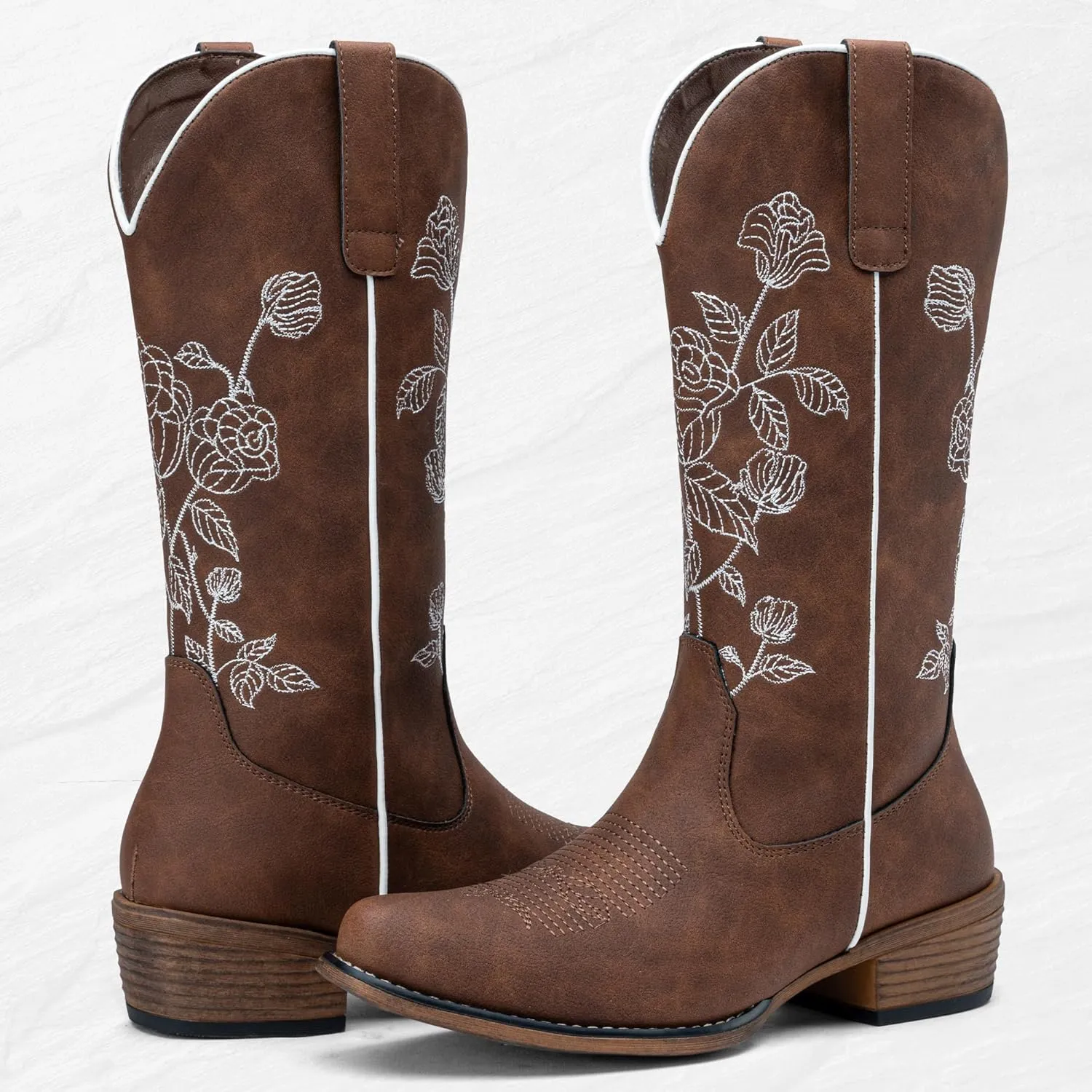 Jeossy Women's Cowboy Mid Calf Boots with Embroidery Flower, Low Heel Western Cowgirl 9807 Boots